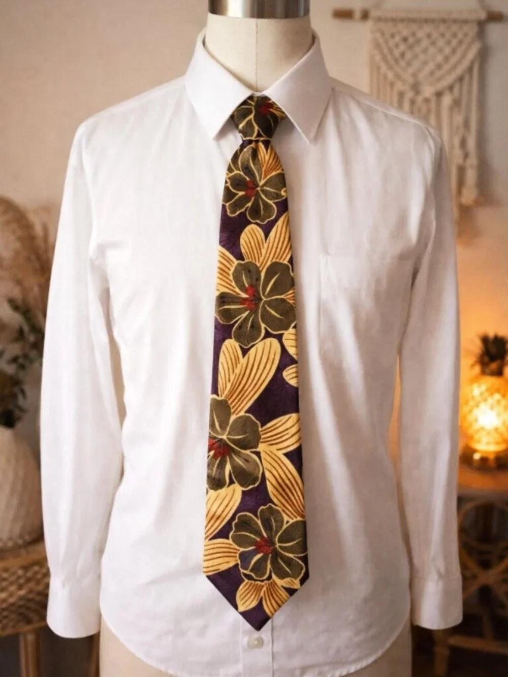 Cellini Vintage Tropical Hibiscus Tie • Bold Floral • Purple Gold Statement